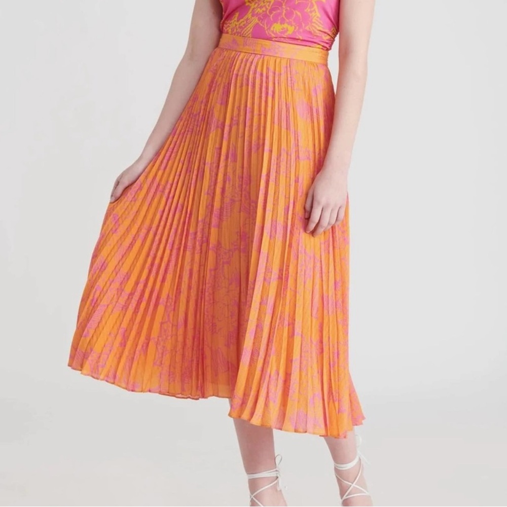 Tanya Taylor Pink and Orange Pleated Midi Skirt